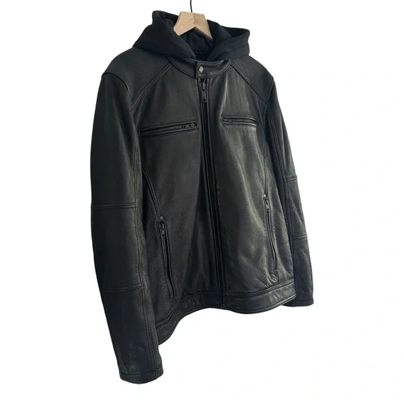 Wilsons Alan Black Leather Grunge Motorcycle Jacket With Removable Hood Size L - Picture 2 of 15